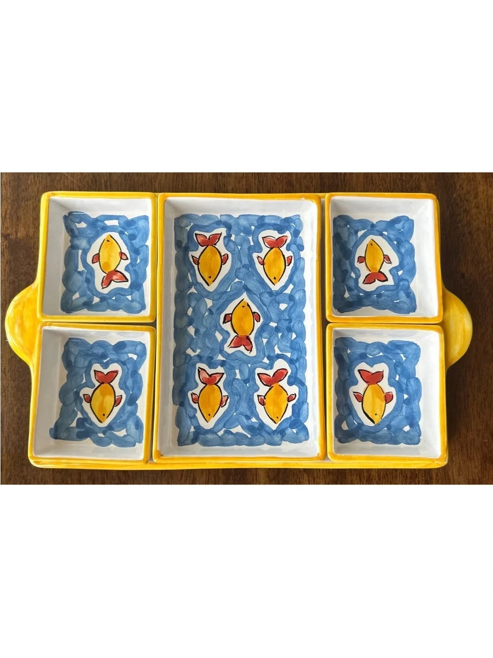 Handpainted Ceramic Fish Serving Tray in Yellow and Blue